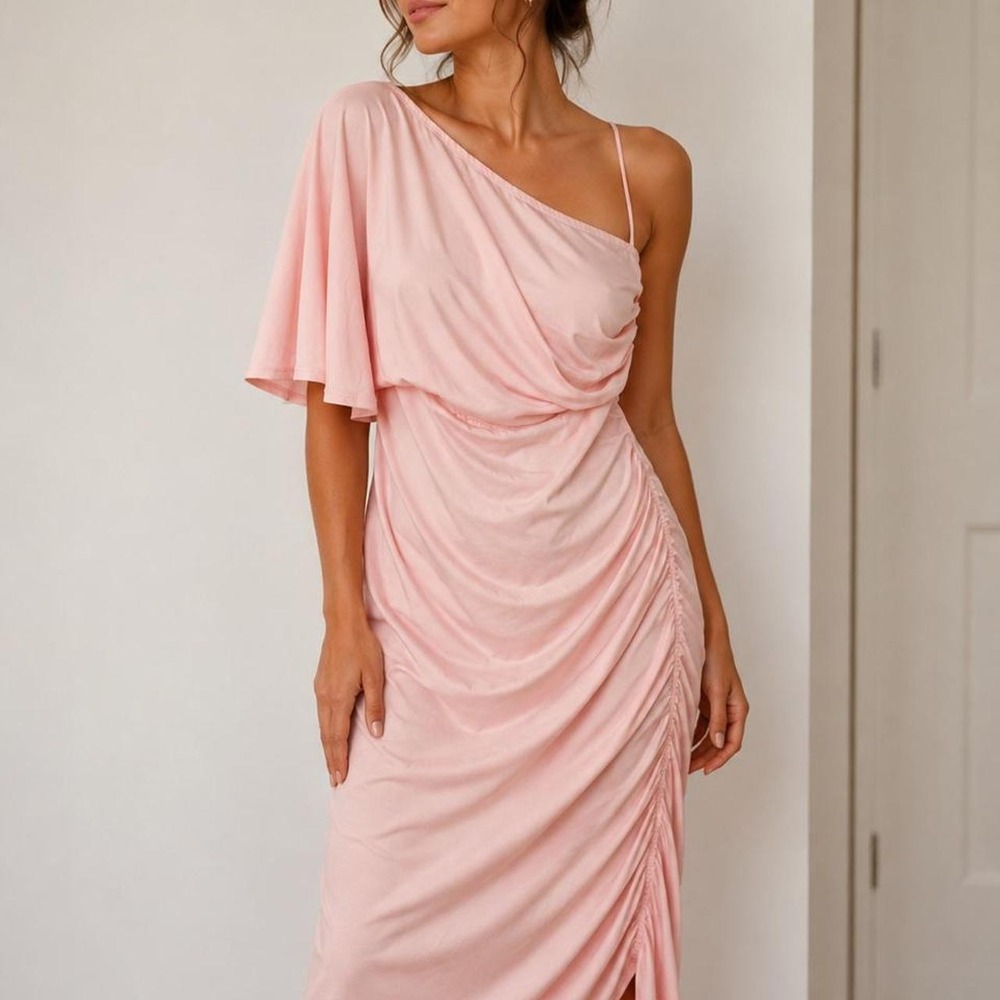 Blush Pink Chic Asymmetrical Draped Midi Dress